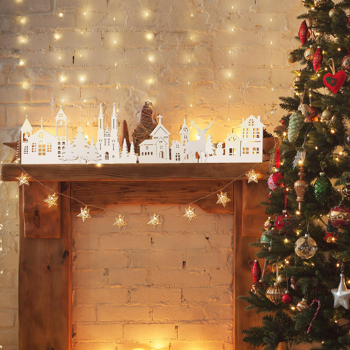 Colingmill 32 Inch Christmas Tabletop Decoration Wooden Christmas Themed White Church Xmas Tree and Elk Signs Farmhouse Centerpiece Decor for Home Kitchen Table Shelf Decor