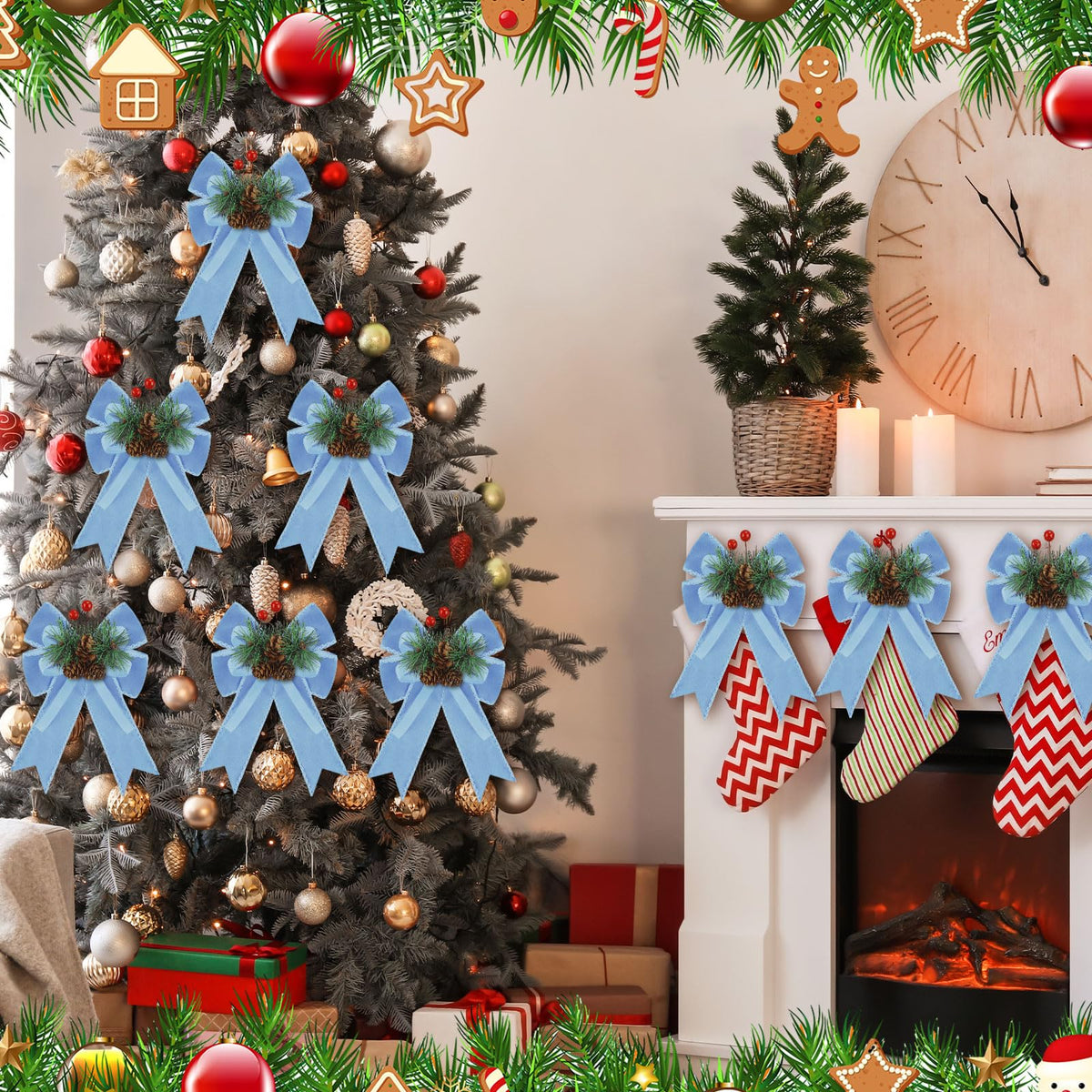 Syhood 6 Pcs Christmas Velvet Bow with Pine Cones Pine Needles Berries Xmas Bright Blue Ribbon Bow Ornaments 6.3 x 5.1 Inch for Christmas Tree Wreath Garden Fireplace Crafts DIY Decor
