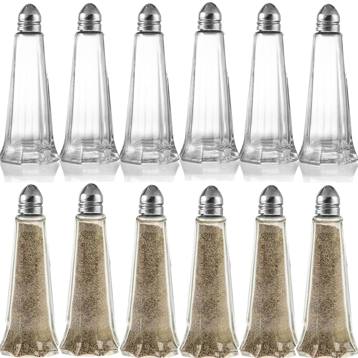 Yopay 12 Pieces Salt and Pepper Shaker Set, 1 oz Tower Glass Body Mini Restaurant Shakers with Stainless Steel Lids, Clear Curved Design
