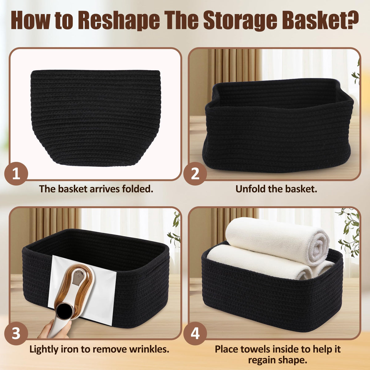 VIRETH HAUS 5-Pack Small Woven Rope Storage Baskets – 2 Sizes Organizer Bins for Closet, Shelf, Bookshelf, Nursery, Changing Table, Fabric Cube Boxes, Rectangular Shallow Bins for Bathroom, Toy & Home