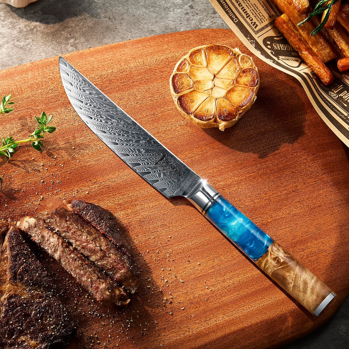 SENKEN Damascus Steak Knife Set - Tsunami Collection - 67-Layer Japanese VG10 Steel - Razor Sharp Non-Serrated Blades, Blue Resin & Natural Wood Pattern Handles, Luxury Gift Box (8 Steak Knife Set)