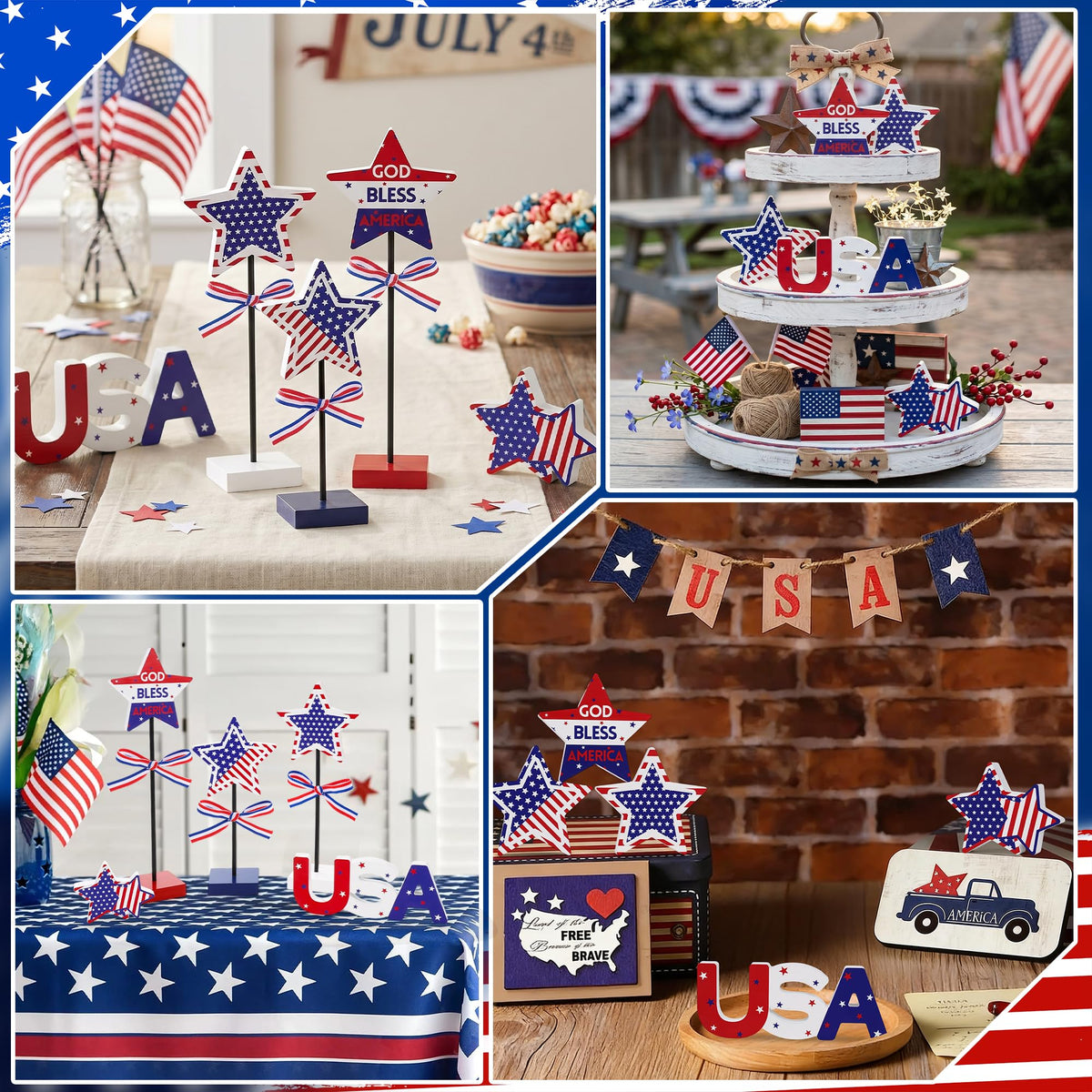 Elfcool 5Pcs 4th of July Table Decorations Wooden Star Set, Patriotic Memorial Day Table Centerpiece, Red White and Blue Independence Day Stand Decor for Home Office