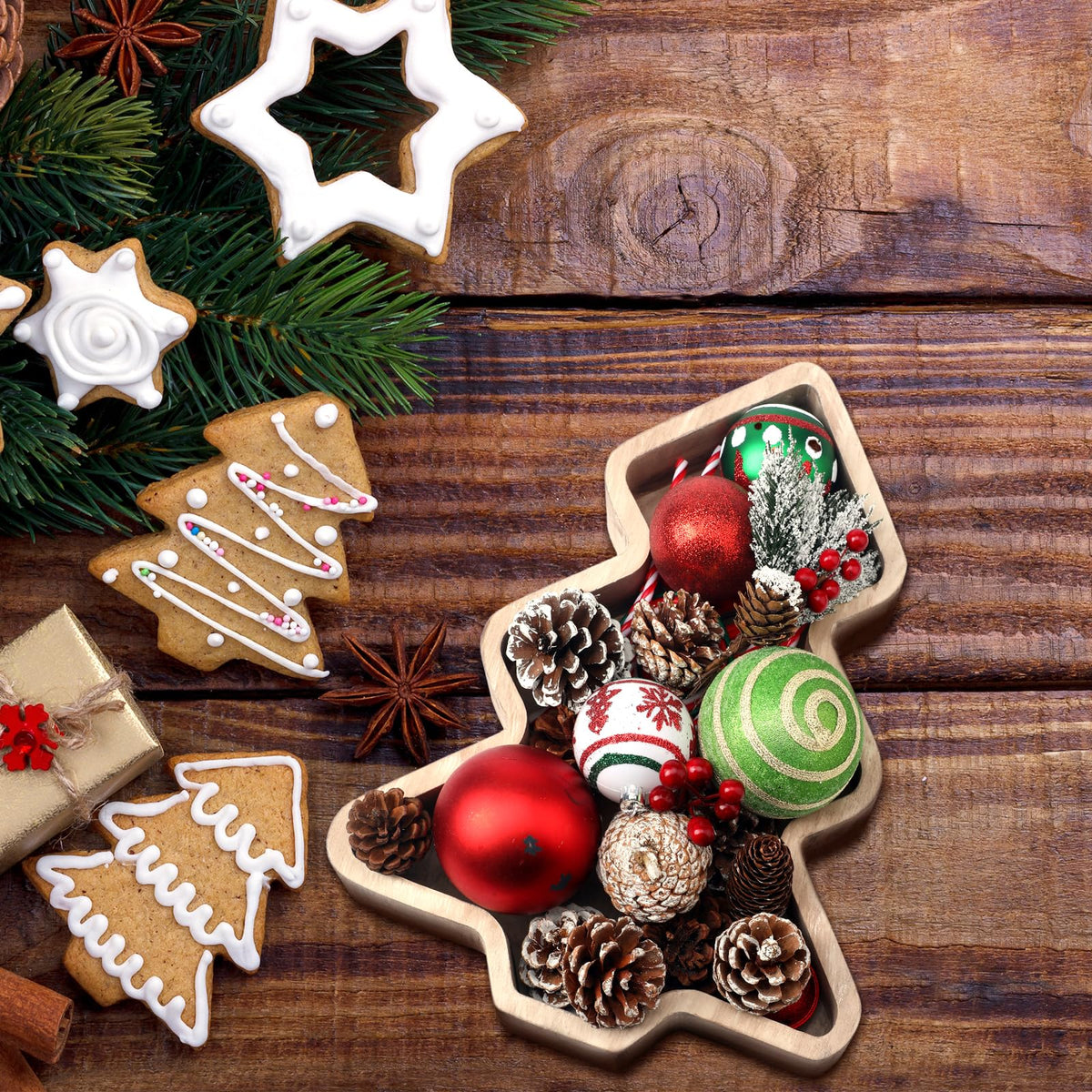 Sliner 3 Pcs Wooden Christmas Tree Trays Christmas Serving Decorative Platter Food Serving Dishes Rustic Farmhouse Style Fruit Platter Tray for Xmas Holiday Party Housewarming Gift Kitchen Dinnerware