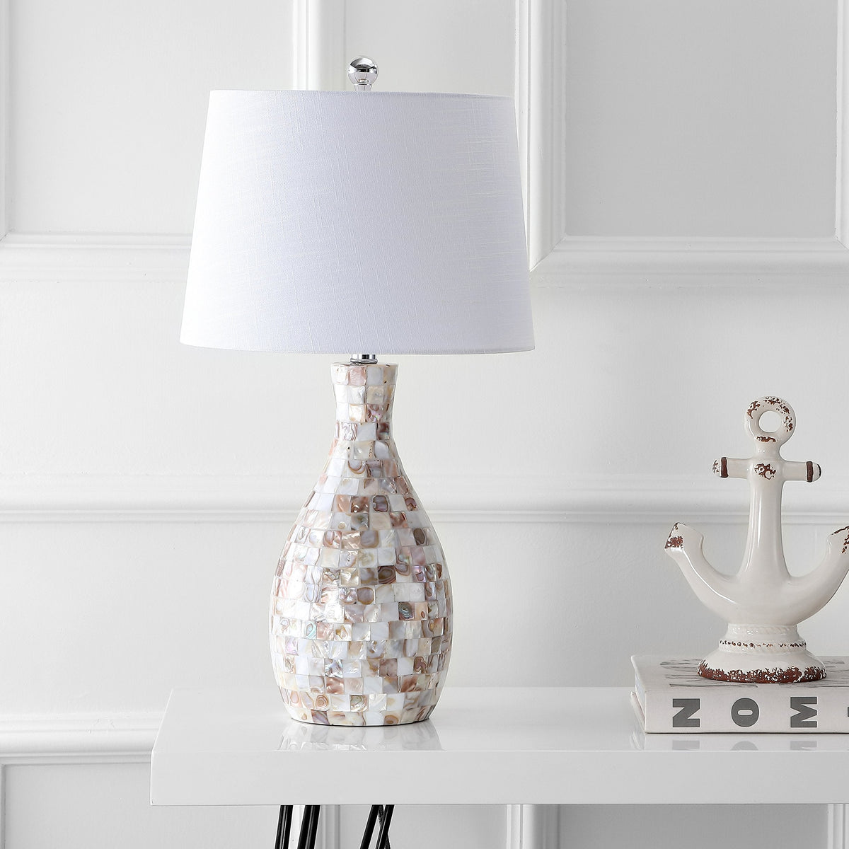 JONATHAN Y 26.5" Ivory Beige Mosaic Seashell LED Table Lamp for Living Room Bedroom Nightstand, Coastal Capiz Shell Base with White Linen Drum Shade, LED Bulb Included JYL1054A