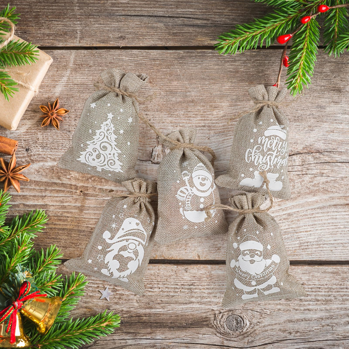 CCINEE 36pcs Christmas Burlap Bags, 4×6 Inch Drawstring Christmas Burlap Goody Gift Candy Bags with Double Jute Drawstrings Xmas Treat Bags for Candy Wrapper Xmas Party Favors