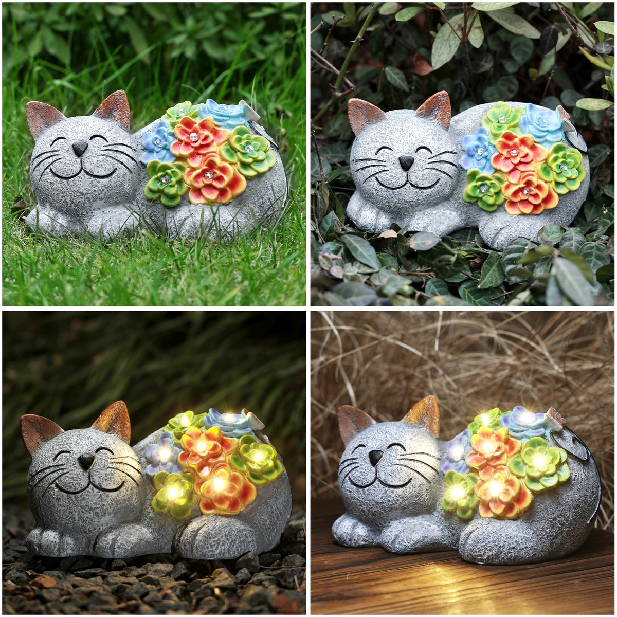 Otdair Solar Garden Decor Cat, Cat Lover Gifts with Succulent and 7 LED Lights for Outside,Outdoor Solar Lights for Yard, Garden and Patio, Unique Gift for Women