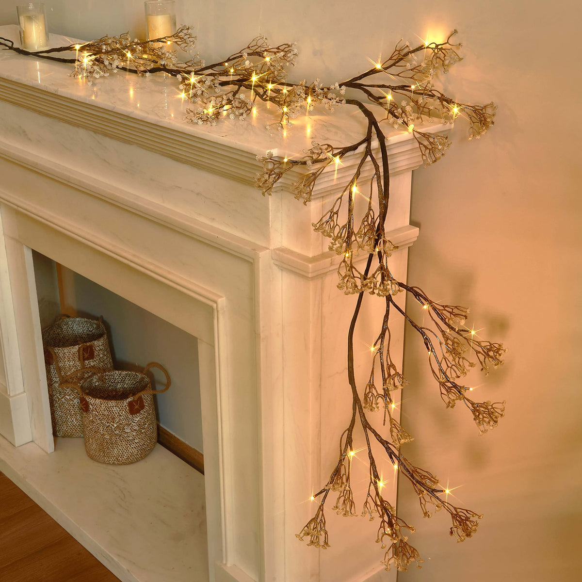 Hairui Lighted Baby Breath Flower Garland Battery Operated with Timer 48L Warm White LED 6FT, Artificial Gypsophila Vine Lights for Thanksgiving Christmas Decor Indoor Outdoor Use
