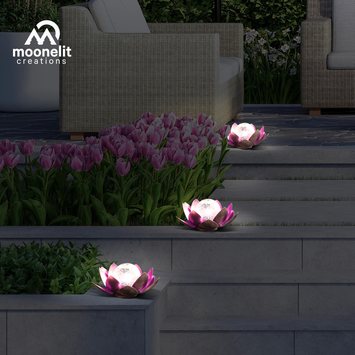 MooneLit Creations MCSLOTUS-V Violet Lotus Flower Solar LED Garden Light with Crackled Glass Globe – Waterproof Metal Outdoor Décor