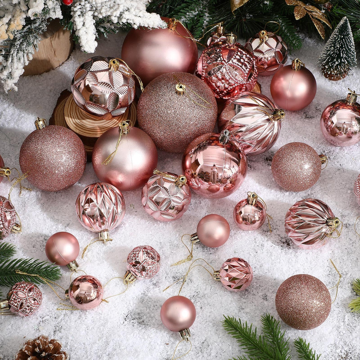 Soulchen 46 Pcs Rose Gold Christmas Balls Ornaments Set, 3.94/3.15/2.36/1.57 Inch Shatterproof Christmas Tree Hanging Plastic Balls Xmas Ornaments Decor for Xmas Tree Wreath Party Decoration Supplie