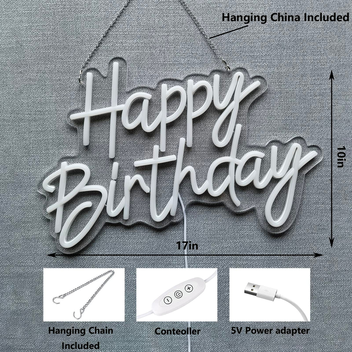 Neon Sign Happy Birthday Wall Decor Night Light for Bedroom Bar Cafe Anniversary Party Banquet Rave Home Decor Backdrop Dimmable Reusable USB Powered 5V Size 17 * 10 * 0.39 Inches (Warm White)
