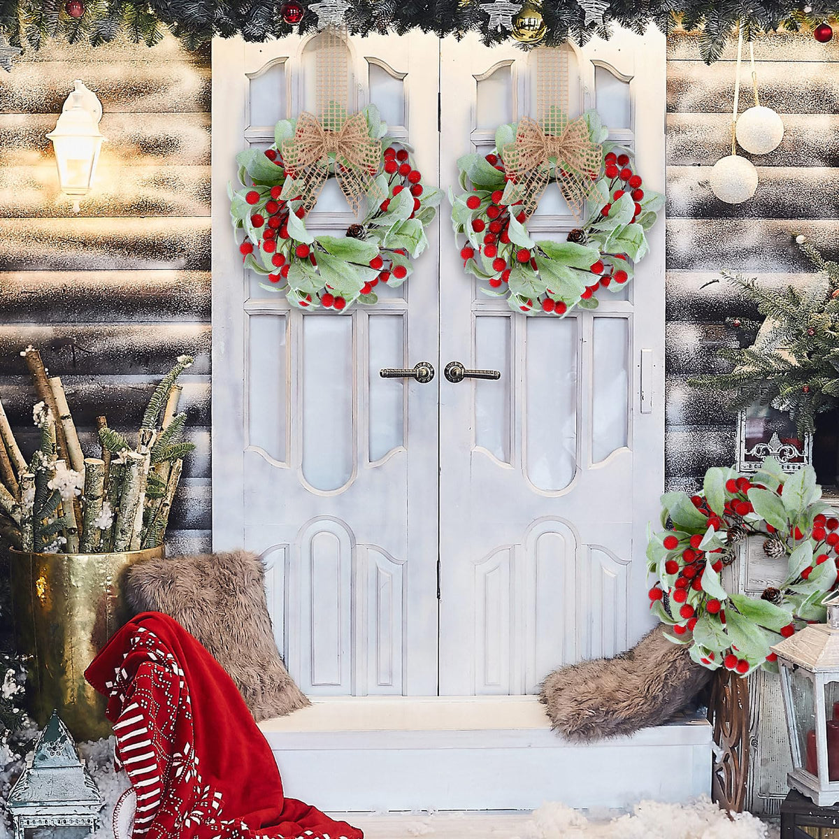 Zeyune 6 Set 9'' Small Wreaths for Kitchen Cabinets Mini Christmas Wreaths Real to Touch Lamb Ear with Burlap Ribbon Red Berry Farmhouse for Xmas Wall Window Indoor Outdoor Chair Decor