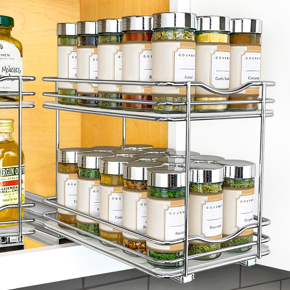 LYNK PROFESSIONAL® Pull Out Spice Organization for Cabinets - 6-3/8 inch Wide – Spice Rack for Inside Cabinets, Slide Out Spice Rack Organizer for cabinet – Pull Out Spice Rack, Sliding 2 Tier Chrome