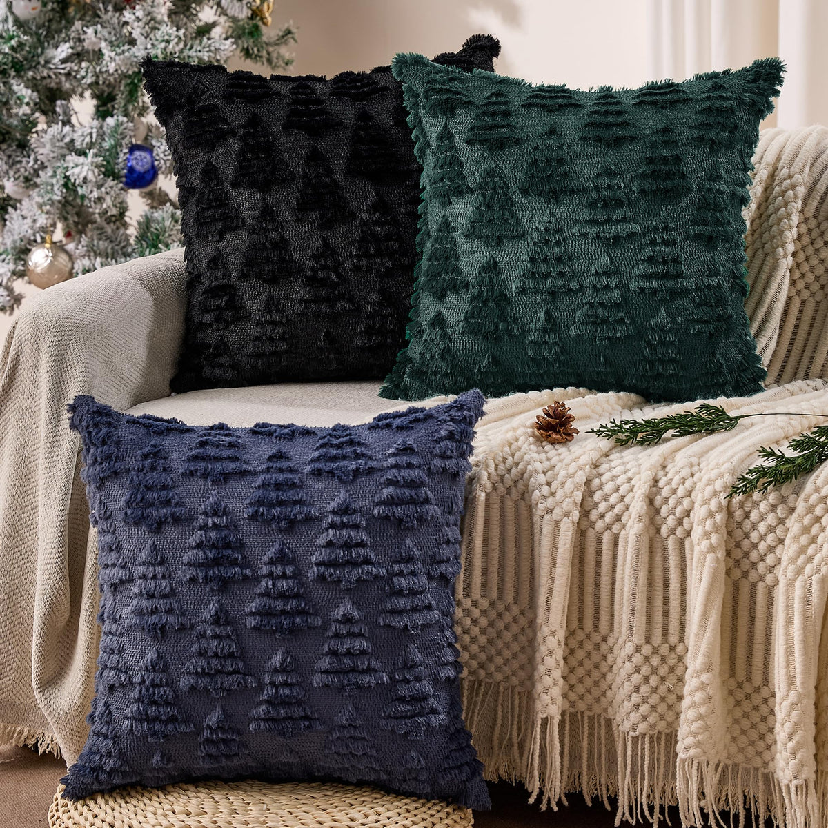 Allorry Christmas Pillow Covers 18x18 Set of 2 Christmas Decoration Black Xmas Tree Pillow Cases Plush Faux Fur Soft Cushion Case for Winter Xmas Holiday Home Bedroom Sofa Decors SY-003-J18
