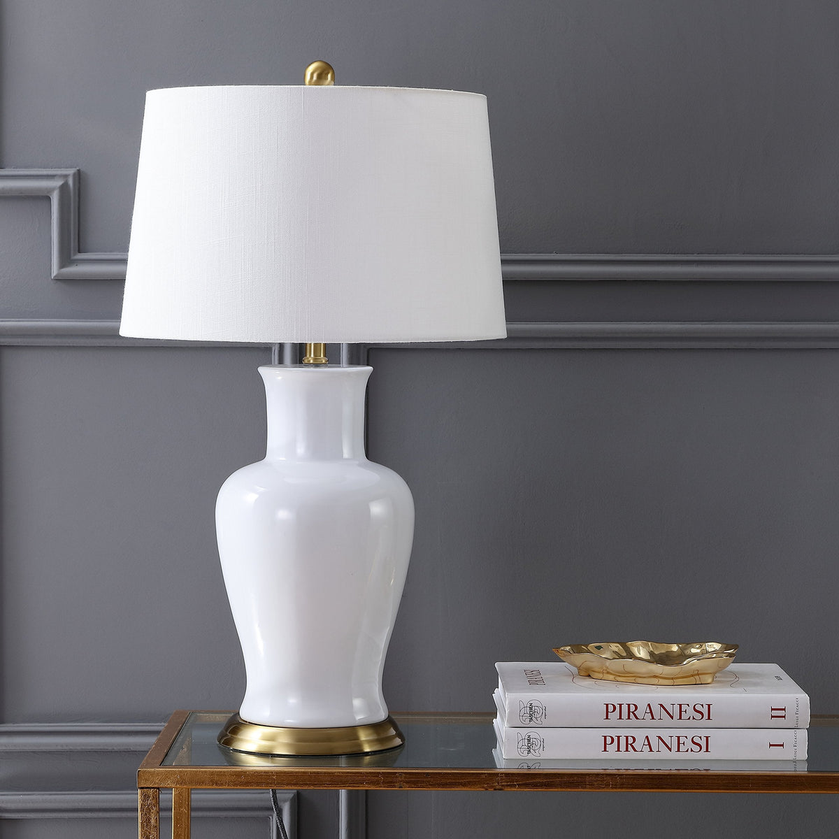 JONATHAN Y 29" White/Gold Traditional Ceramic Urn LED Table Lamp for Bedroom Decor, White Linen Drum Shade, Classic Nightstand Lamp for Living Room, LED Bulb Included JYL4026A