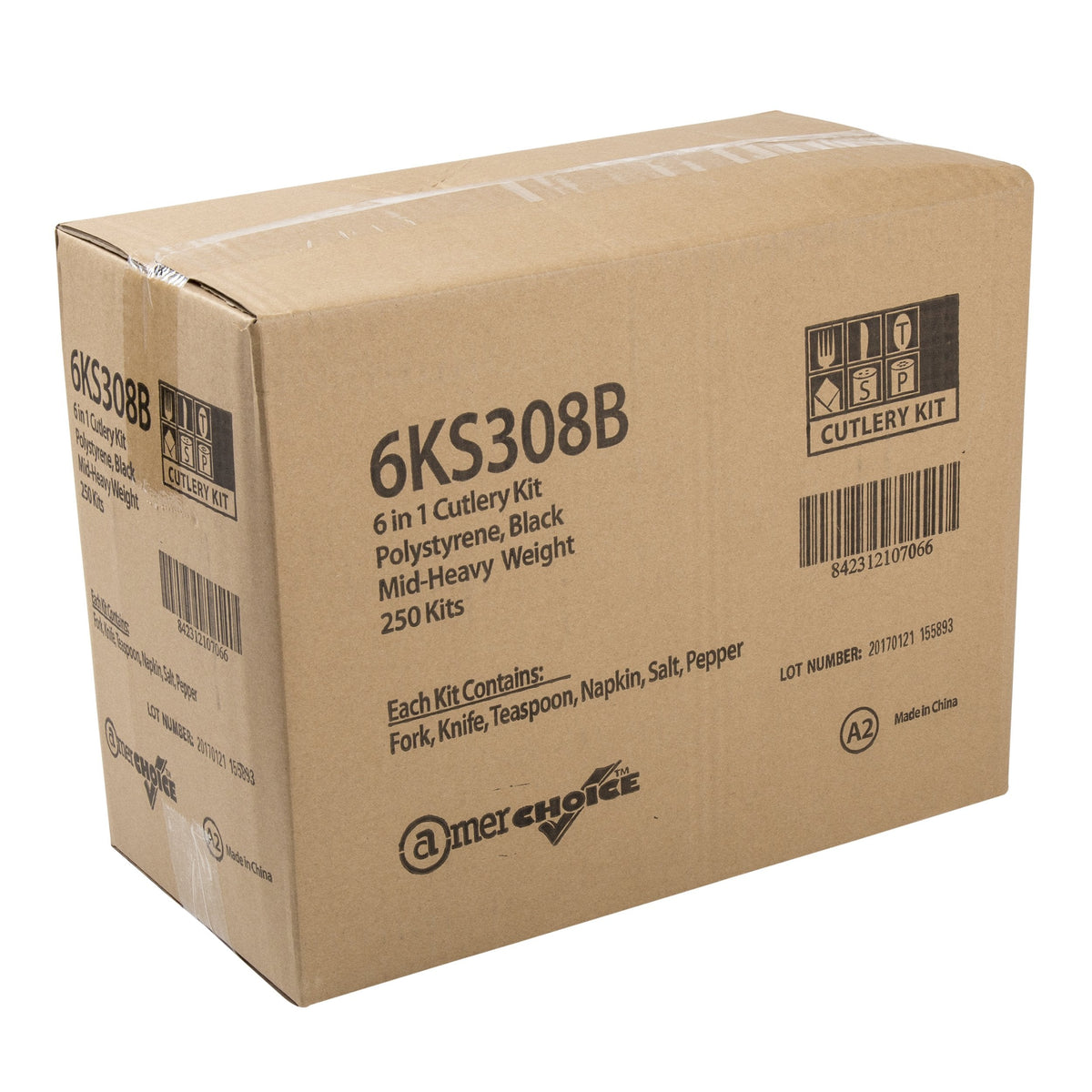 AmerCare Six Piece Meal Kit with 12 x 13 Napkin, Salt and Pepper, Medium-Heavy Weight Fork, Knife, and Teaspoon, Case of 250