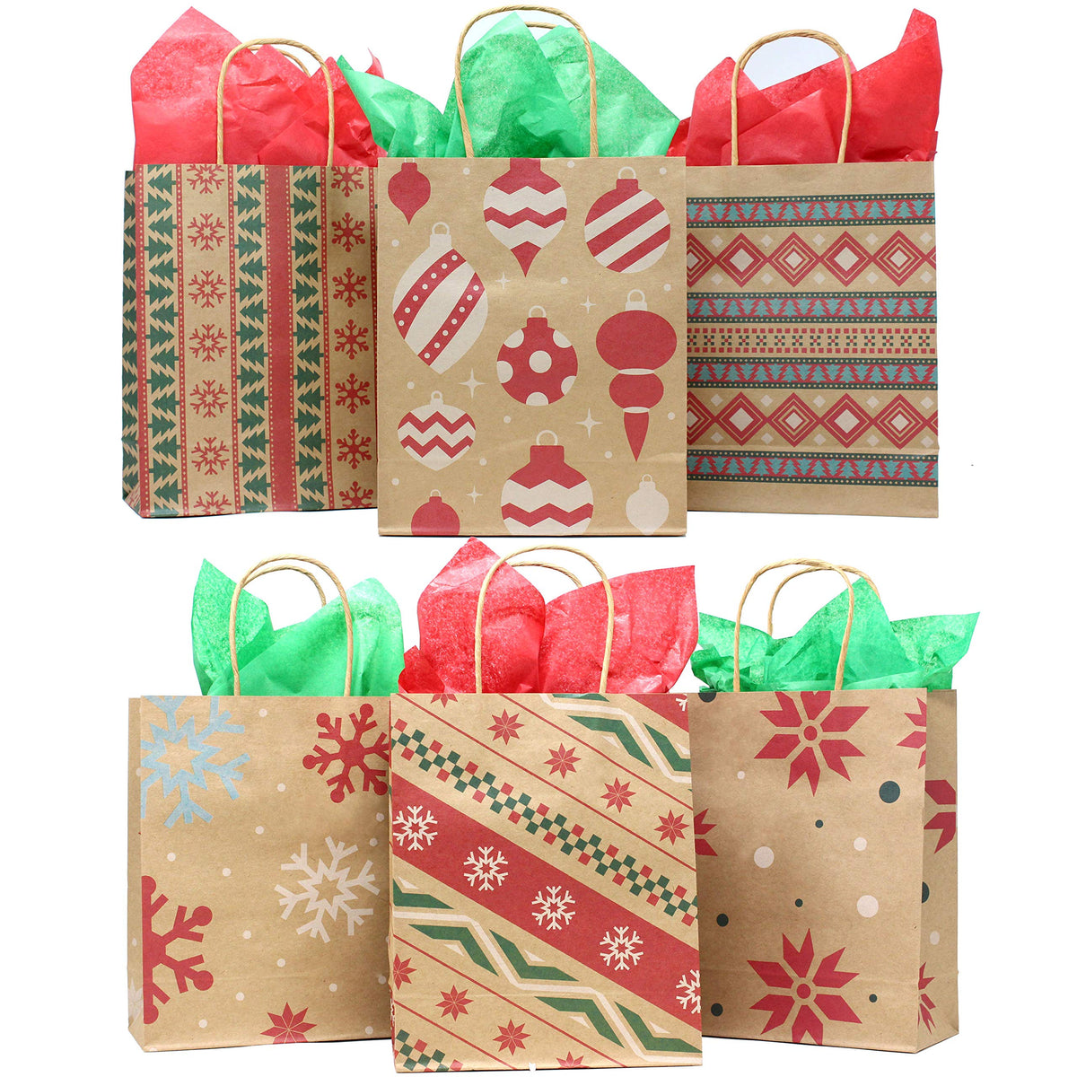 JOYIN 24 PCS Christmas Kraft Gift Bags for Present Wrapping, Holiday Paper Goody Gift Treat Candy Bags for Xmas Decor Supplies Classrooms Wedding and Party Favors (9" x 7.3" x 3.3")