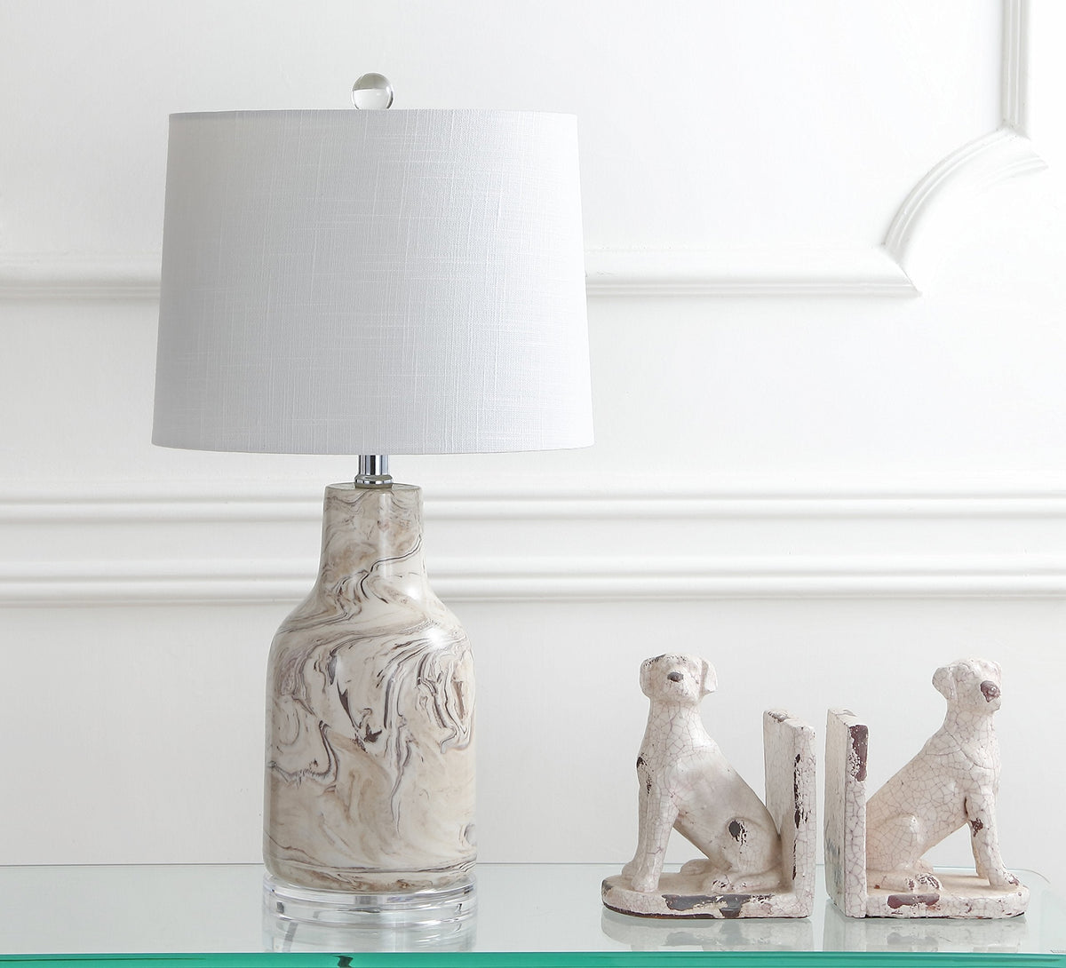 JONATHAN Y 23" Gray and White Marble Ceramic LED Table Lamp, Traditional Hand-Finished Bedside Lamp for Living Room Bedroom, White Linen Shade, LED Bulb Included JYL3004A