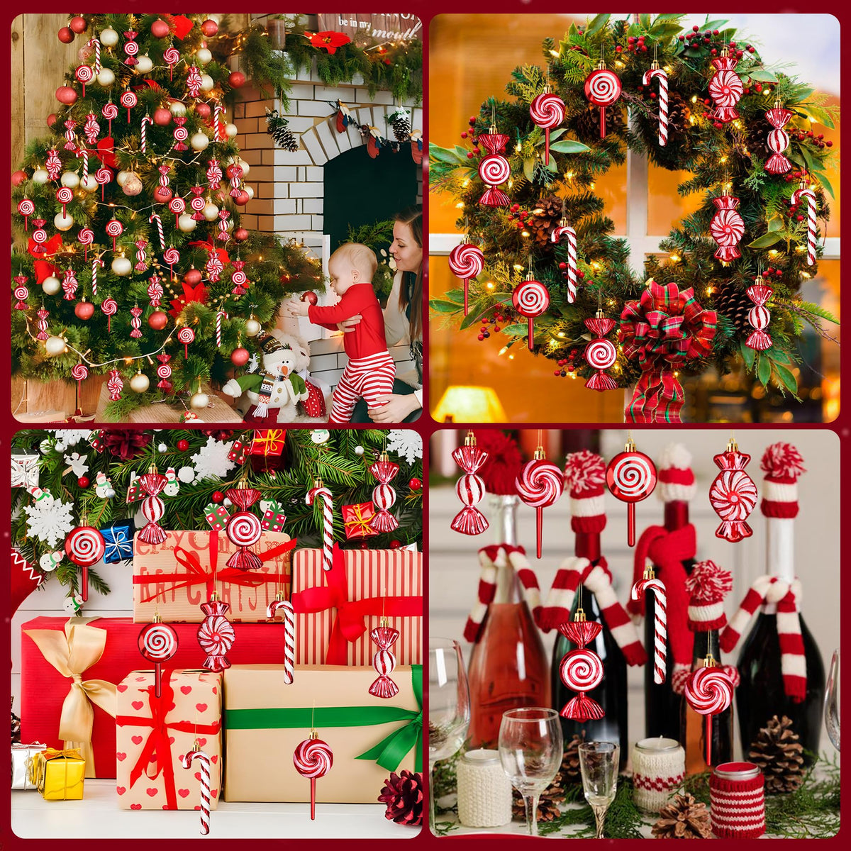 36 Pcs Christmas Candy Ornaments Hanging Glitter Candy Cane Christmas Tree Decoration Red Plastic Peppermint Lollipop Ornament with Golden Ropes for Xmas Home Party Decorations