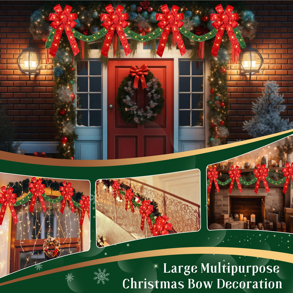 13 FT Christmas Bows Fence Decoration, 140LED Lighted Large Christmas Bows Decoration with 8 Mode and Timing Ornament for Party Front Door Fireplace (Red,Artificial Garland)