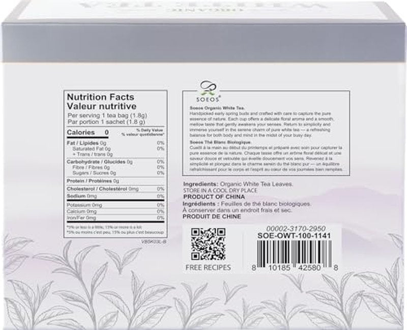 Soeos Organic White Tea, 100 Tea Bags, Individually Wrapped Teabags, Low Caffeine, Subtle Floral Aroma & Smooth Taste, Quality Tea for Everyday Brewing, Perfect for Hot or Iced Tea Lovers, 6.3oz (180g)