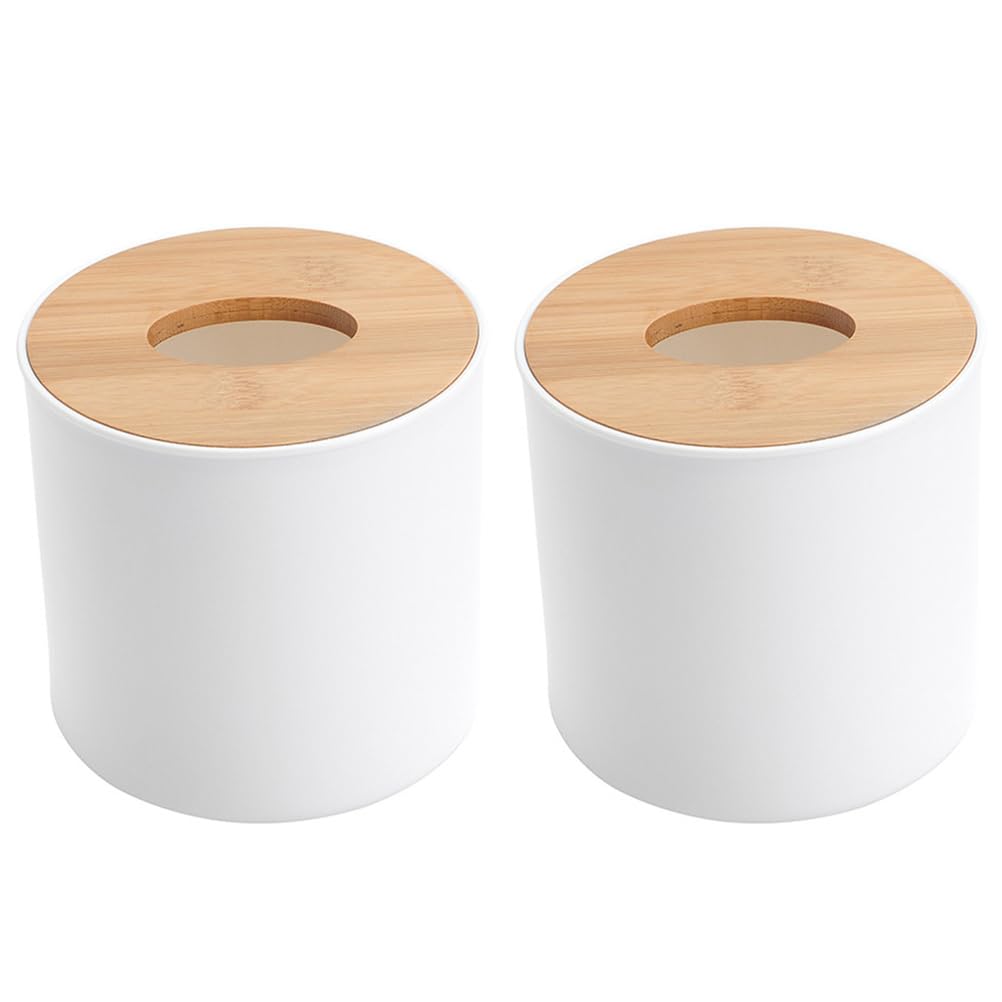 Cabilock Round Tissue Box Cover - Wooden Toilet Paper Holder Case and Facial Tissue Dispenser for Bathroom, Kitchen, Living Room (Boho Decor, 2Pcs)