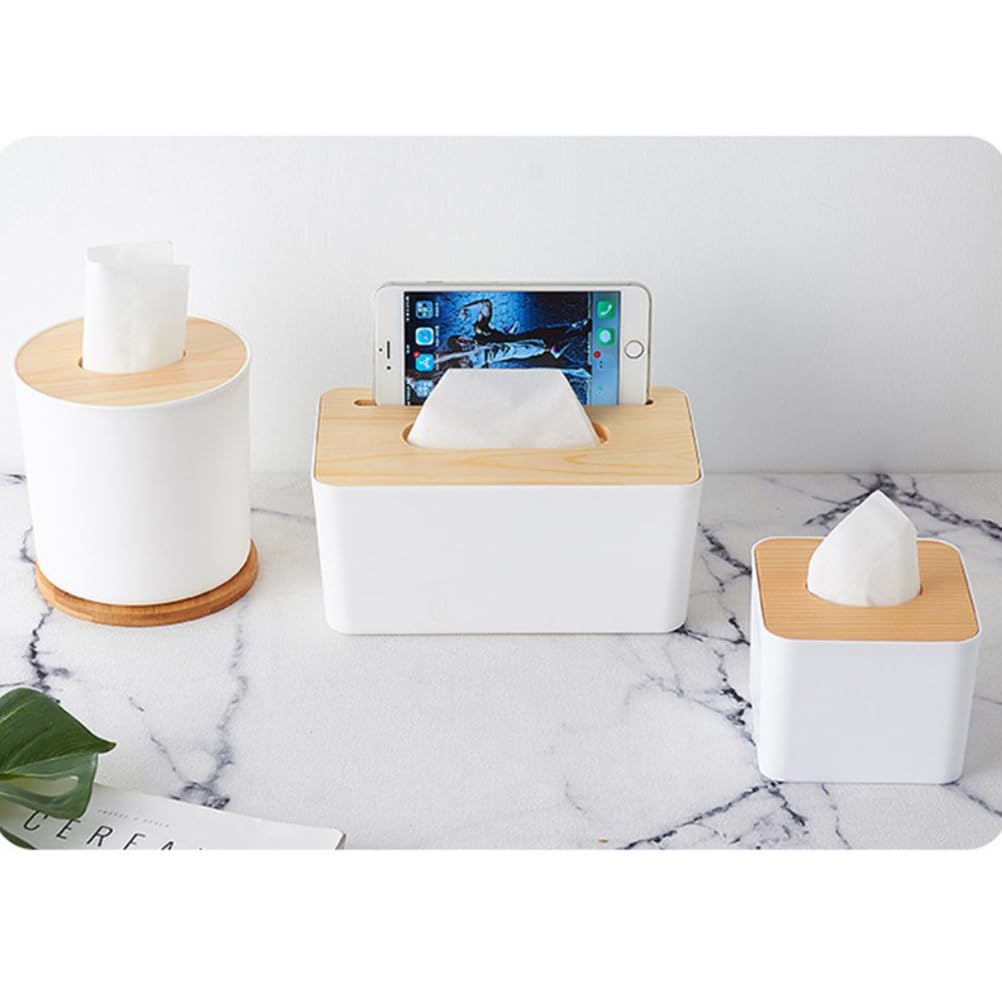Cabilock Round Tissue Box Cover - Wooden Toilet Paper Holder Case and Facial Tissue Dispenser for Bathroom, Kitchen, Living Room (Boho Decor, 2Pcs)