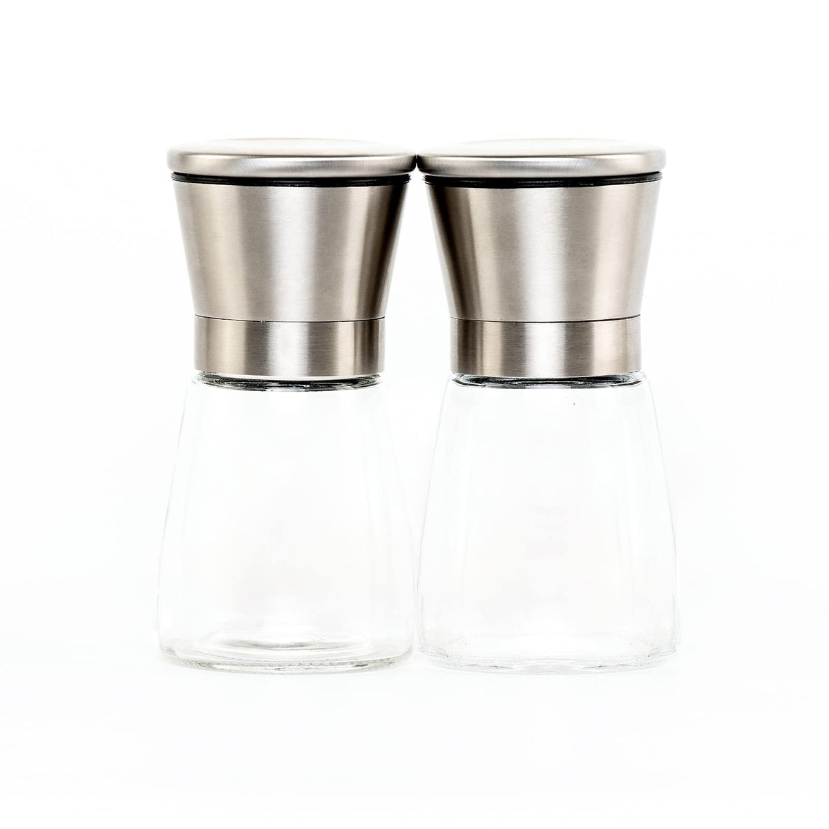 Salt and Pepper Grinder Set with Wood Tray, Manual Sea Salt, Spice and Peppercorn Mill, Glass Container, Stainless Steel Cap, Adjustable Coarseness and Refillable for Modern Farmhouse Kitchen Table
