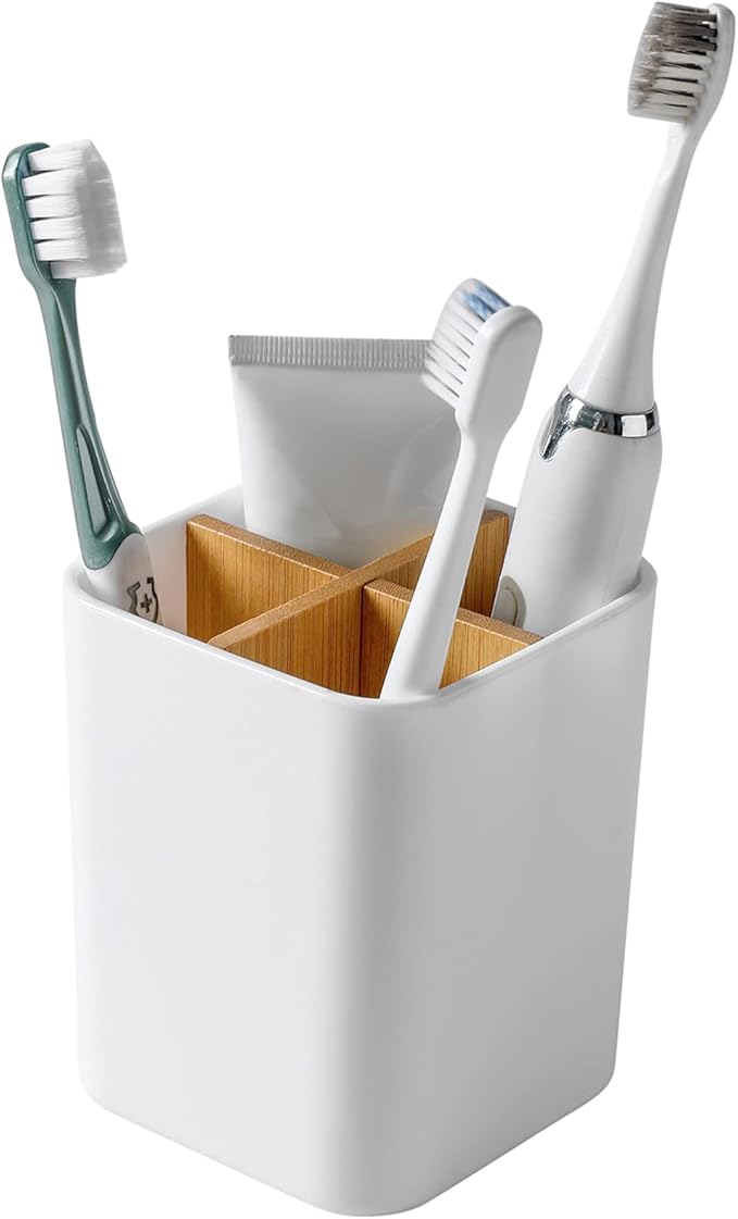Bamboo Toothbrush Holder for Bathrooms, 4 Slots Toothbrush and Toothpaste