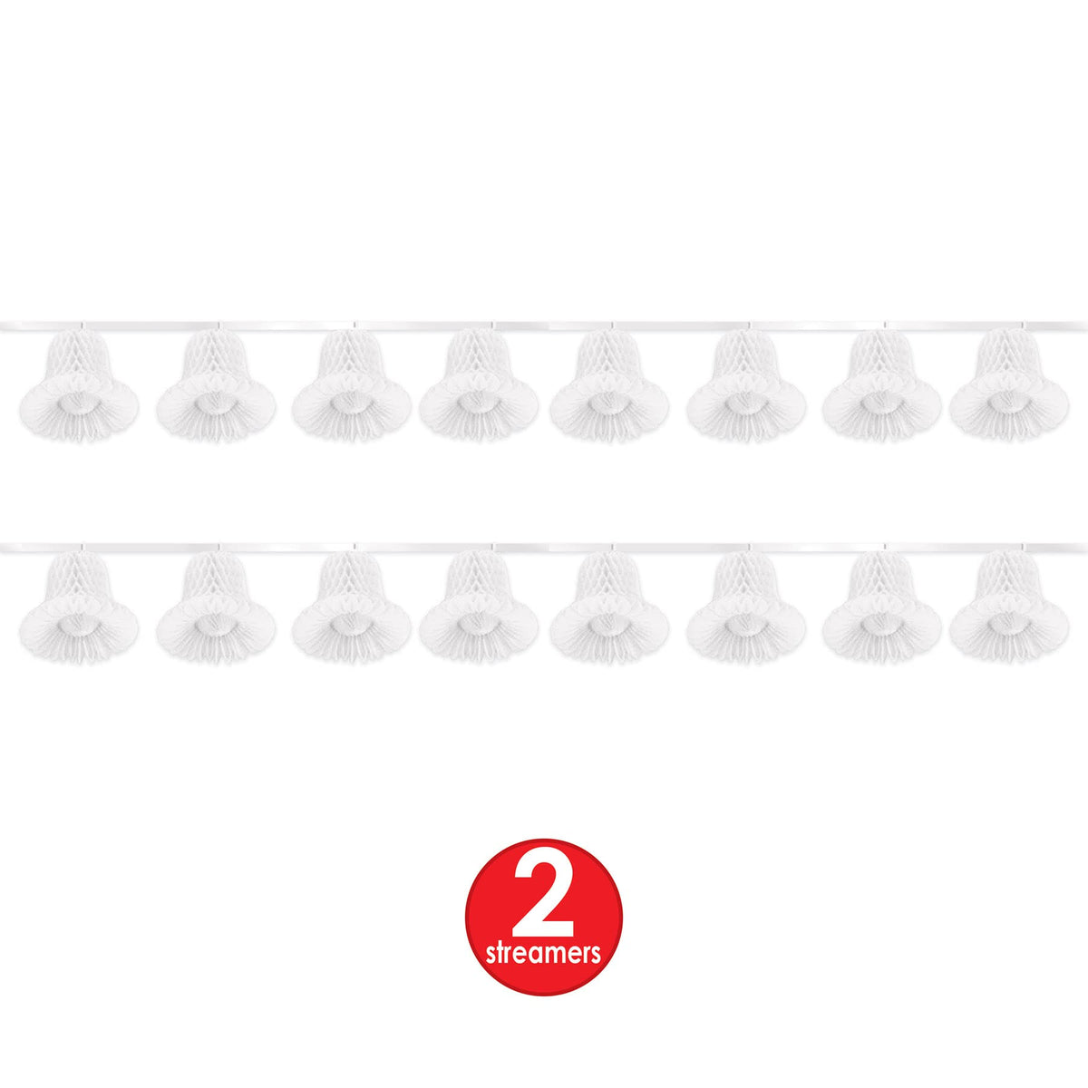 Beistle White Tissue Bell Streamers – 2 Hanging Bell Garland Decorations with Honeycomb Bells and Ribbon for Weddings, Bridal Showers, Engagement Celebrations and Bachelorette Party Decor, 24' Each