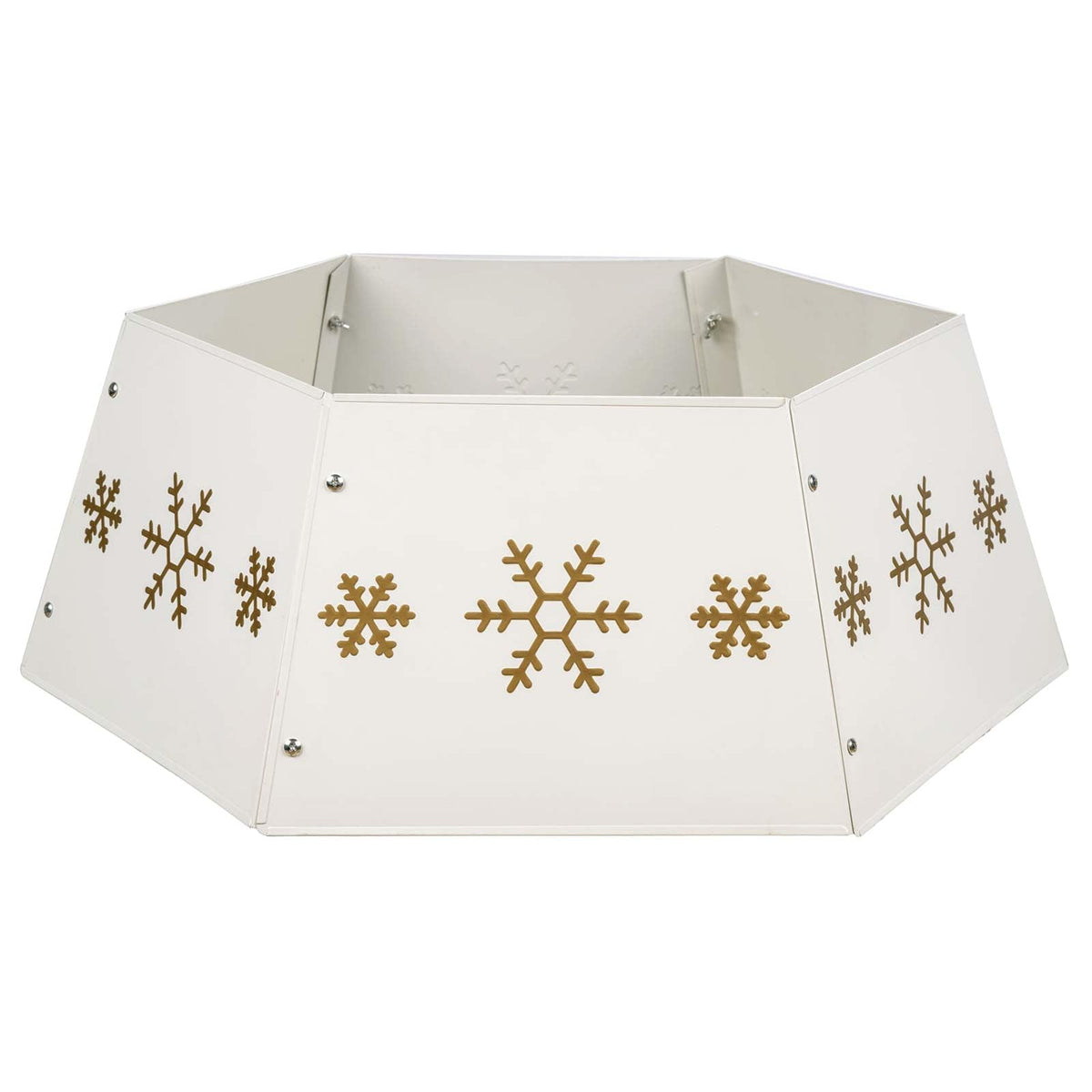 HarcoHome Metal Christmas Tree Collar with 3D Snowflake Authentic, Hexagon Heavy-Duty Iron Tree Base Cover for Pencil Tree, Tree Ring, Tree Skirt for Xmas Decor (Cream with Gold Flakes)