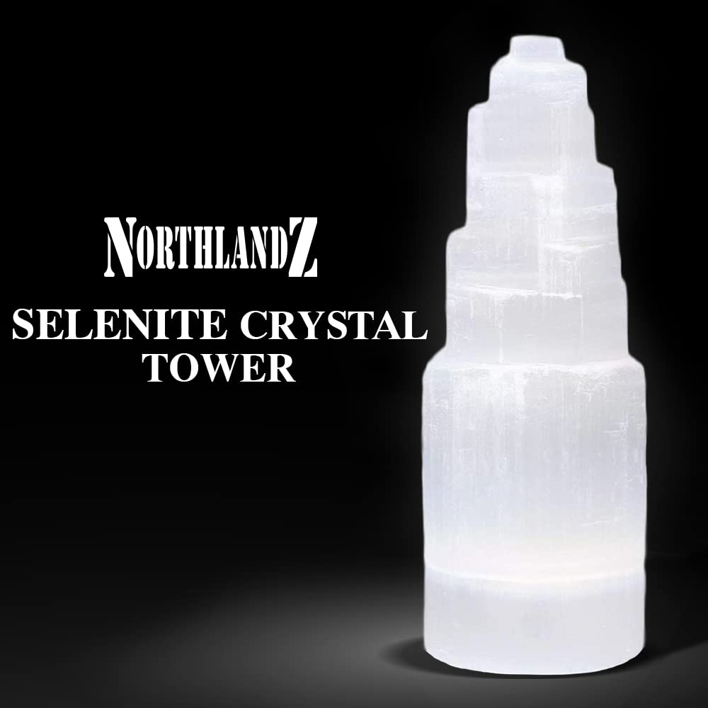 NORTHLANDZ Selenite Crystal Tower 15 cm, High Energy Skyscraper Meditation Stone, Cordless Healing Crystal 2-4 Lbs.