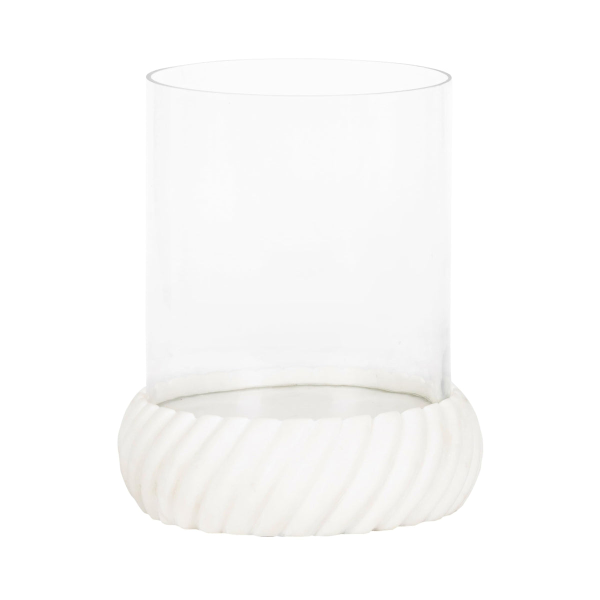 Kate and Laurel Trenza Modern Marble Candle Holder with Glass Cylinder, 8 x 8 x 9, White Marble, Transitional Twisted Base Pillar Candle Holder with Hurricane for Entryway or Living Room Decor