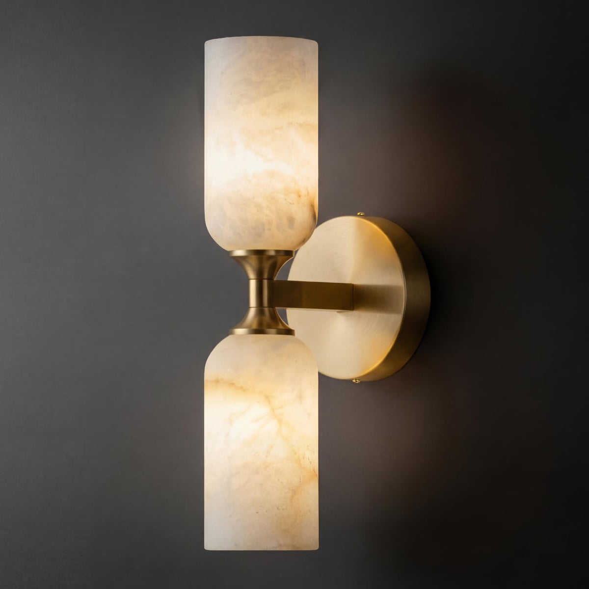 HHOCR Brass Alabaster Wall Sconces, 2 Light 14 Inch Spanish Natural Marble Wall Light, Luxury Wall Lamps for Living Room Bedroom Bathroom Hallway Staircases, G9 Bulb Included, Hardwired-1pk