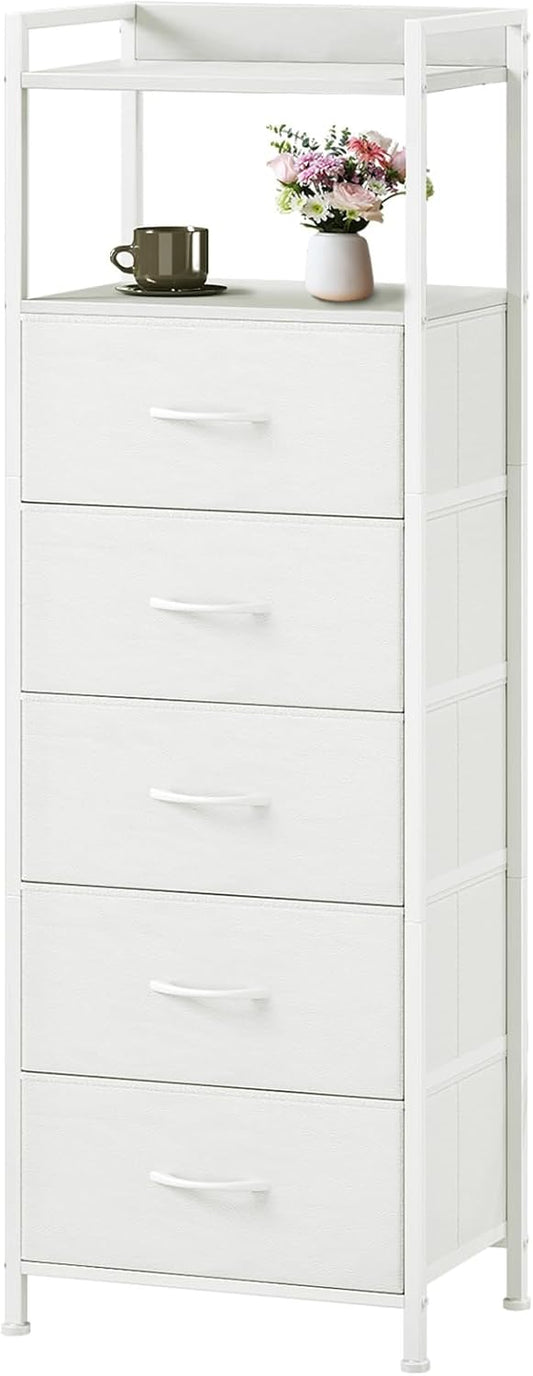 Somdot Tall Dresser - 5-Drawer Vertical Storage Tower Unit for Bedroom & Kids Room - White Leather