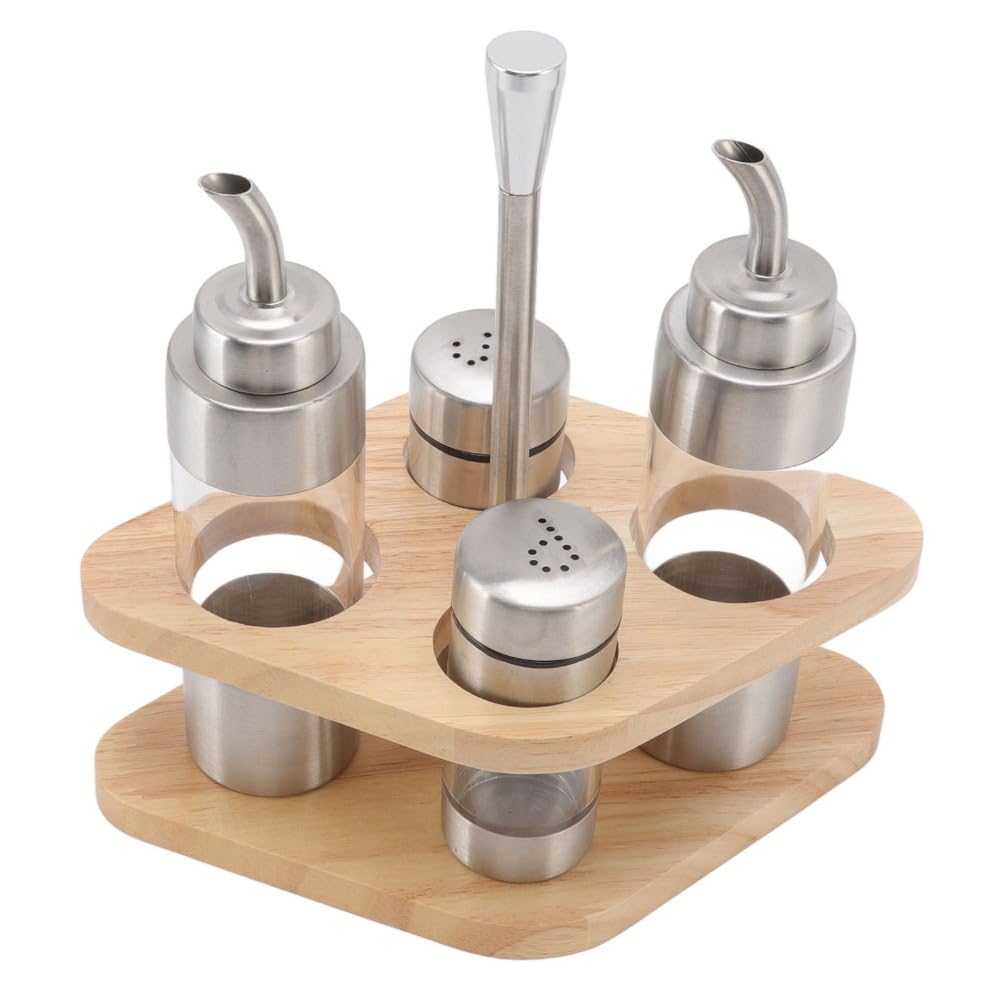 150ml Seasoning Bottle Set – Stainless Steel & Acrylic Spice Containers with Wooden Rack for Kitchen, Oil & Vinegar Dispensers, Leak-Proof Design