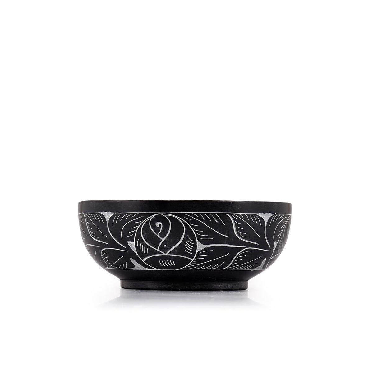 Kaizen Casa Hand Carved Natural Stone Smudge Bowl, White Leaf Design | Size 5' x 2' Black Ritual Bowl Display Jewelry Dish Kitchen Table Decor Gift