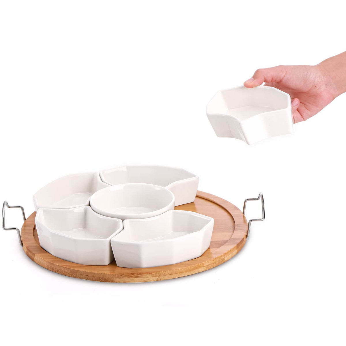 ZENFUN Chip and Dip Serving Set, 11'' Divided Serving Platters Tray for Party, 6-Compartment Removable Appetizer Snack Dishes, Round Sectional Serving Platter for Fruits, Condiment