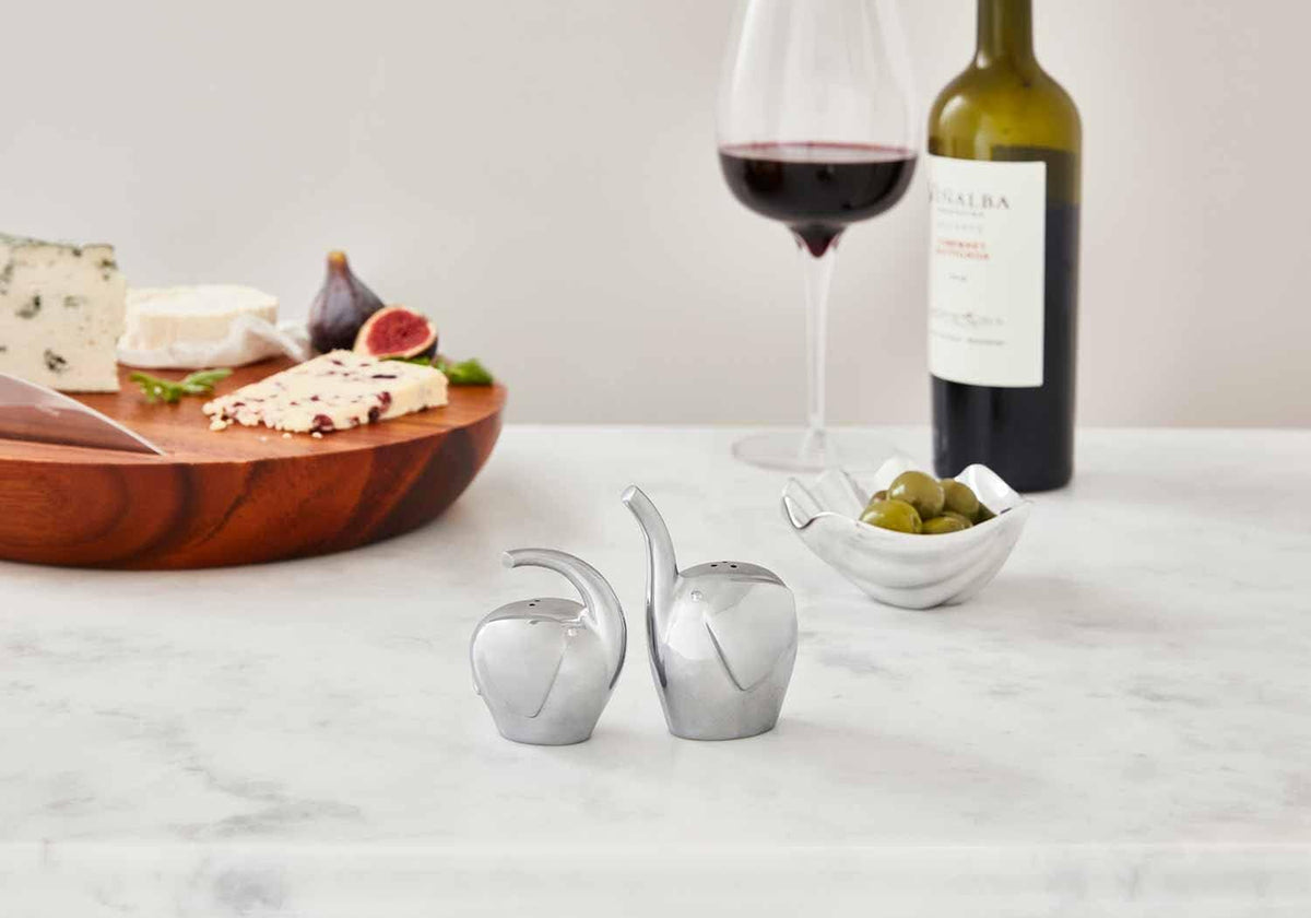 nambe Savanna Collection Elephant Salt & Pepper Shakers | Set of 2 for Home Décor | Measures at 3" x 3" x 3.5" | Made with Nambe Alloy | Designed by Neil Cohen