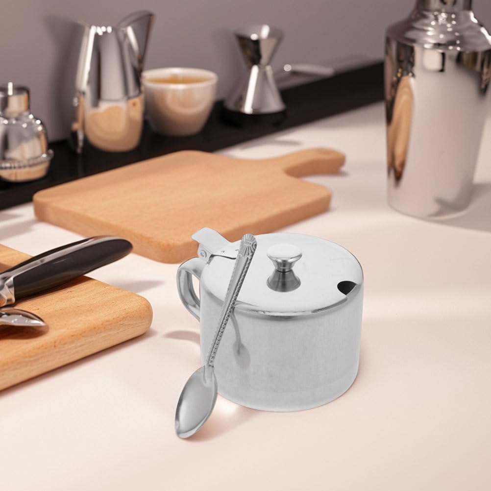 DEARMAMY Stainless Steel Sugar Bowls Set with Lid and Spoon 3-Piece Multipurpose Kitchen Countertop Containers for Sugar Salt Pepper Spices 3.93X3.14X2.67 Inch