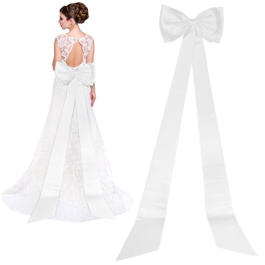 Toyosport Large Satin Bow, 74 in / 188 cm Long Train, Detachable Double Bows for Dress, Wedding Dress Waist Sash Belt, Bridal Gown and Fashion Show Accessories, White