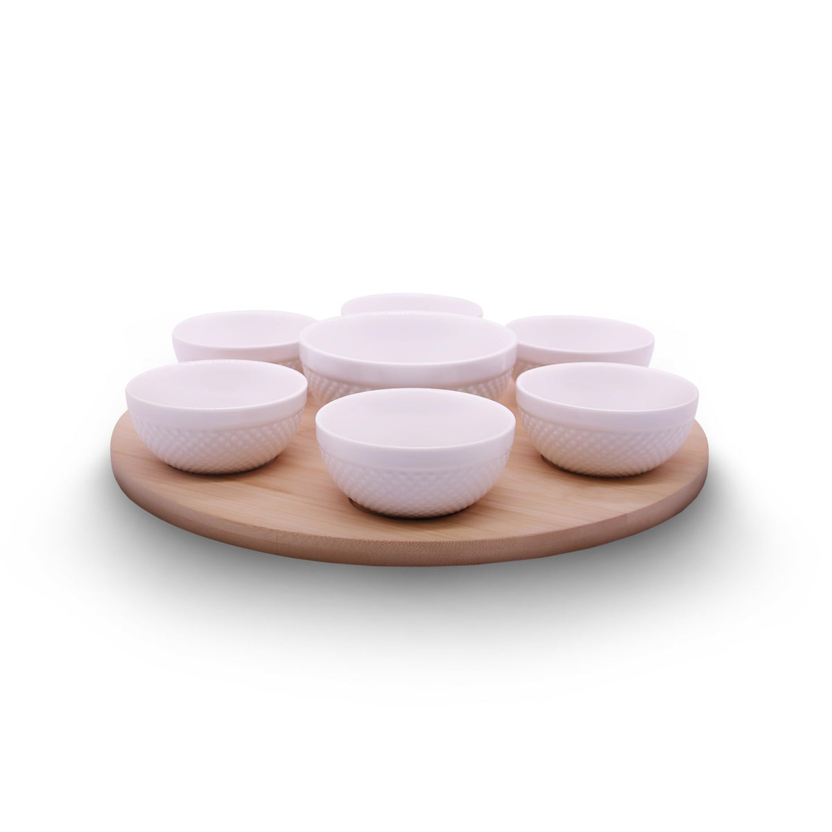 Rotating Bamboo Serving Tray with 6 Small Ceramic Condiment Bowls and 1 Larger Center Bowl - Lazy Susan Style Elegant Serving Set for Dips, Snacks, Appetizers, and More