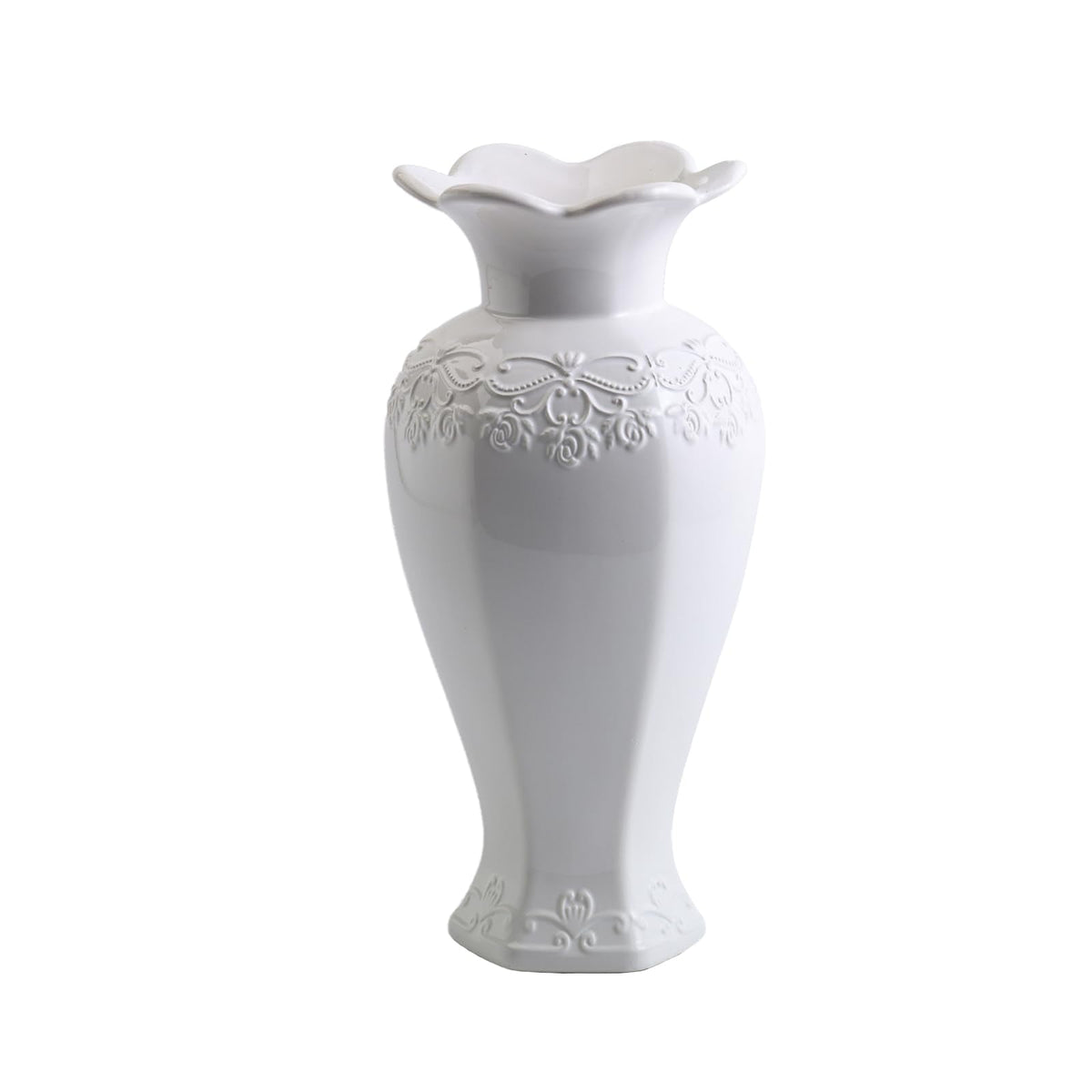 Seasonsplan Relievo Elegant White Cream 8in 11in Ceramic Flower Tall Aesthetic Beige Table Tulip Wide Mouth Rose Filler Decorative Rustic Vase Decor for Home (White Vase, L)