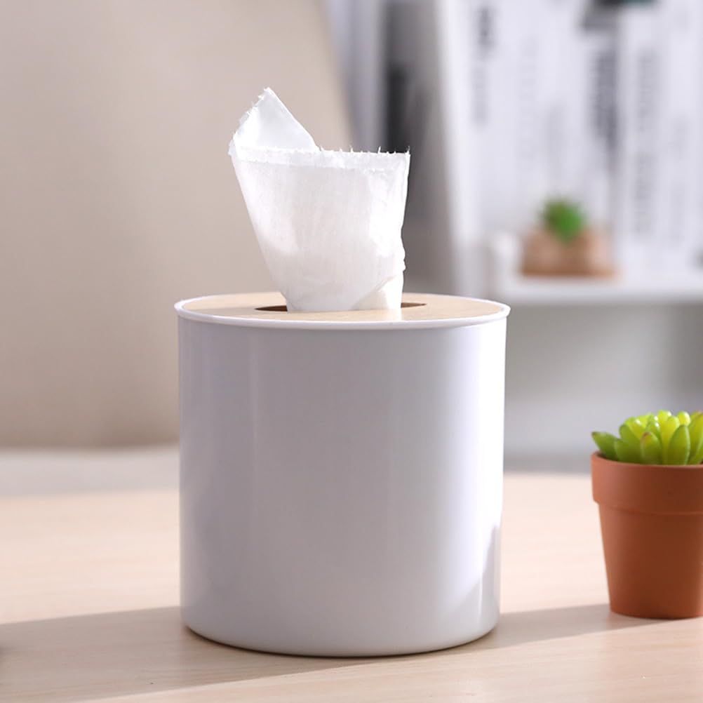 Cabilock Round Tissue Box Cover - Wooden Toilet Paper Holder Case and Facial Tissue Dispenser for Bathroom, Kitchen, Living Room (Boho Decor, 2Pcs)