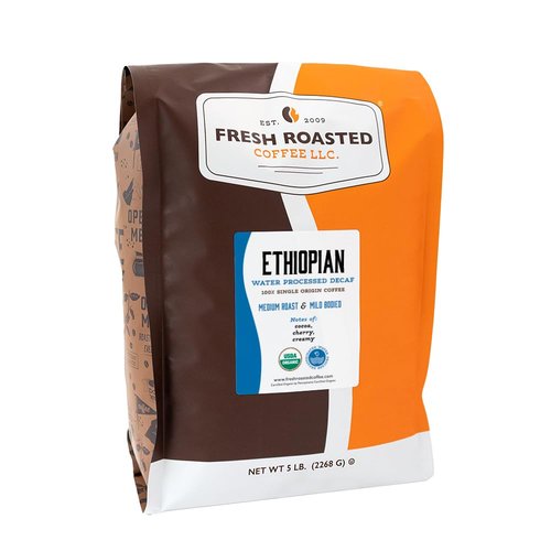 Fresh Roasted Coffee, Organic Ethiopian Sidamo Water-Processed Decaf | USDA, 100% Single Origin, Kosher | Medium Roast 5 lb (80 oz) Whole Bean