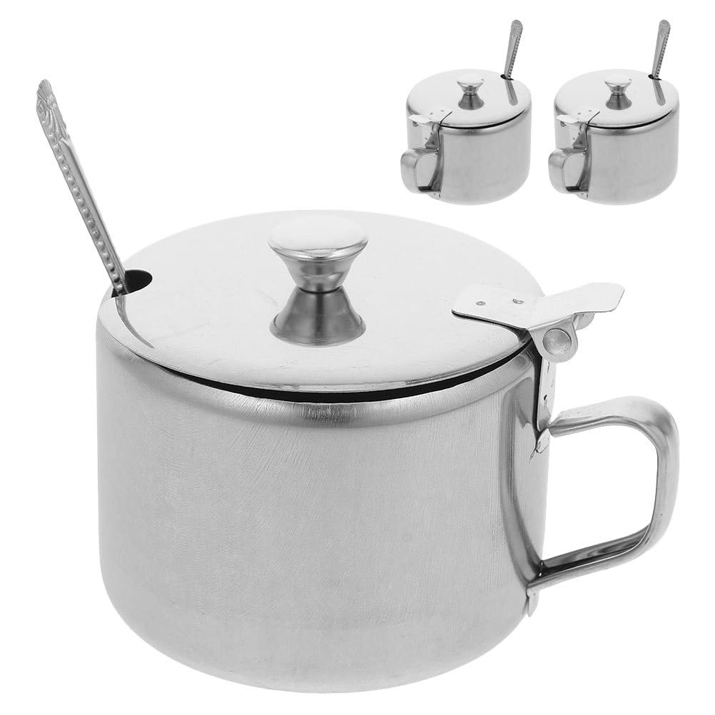 Healvian Stainless Steel Sugar Bowls Set of 3 with Lids and Spoons Multipurpose Kitchen Condiment Containers for Sugar Salt Pepper Spice Storage with Handles 3.93X3.14X2.67 Inches