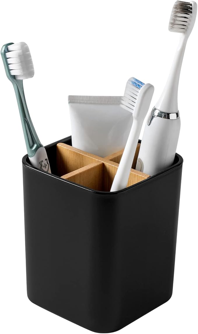 Bamboo Toothbrush Holder for Bathrooms, 4 Slots Toothbrush and Toothpaste