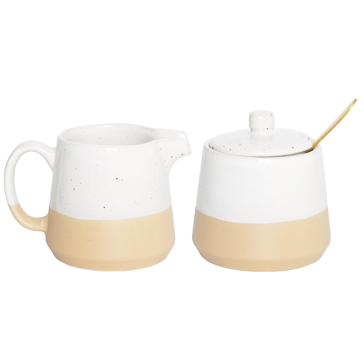 Bosmarlin Ceramic Sugar and Creamer Set, Sugar Bowl with Lid and Spoon, 3 Piece Set with Cream Pitcher, White Coffee Serving Set (White)