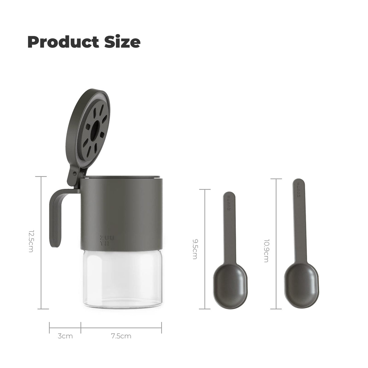 Zuutii Glass Spice Jars Moisture-Proof Spice Containers with Spoons, Set of 2 10oz/300ml Spice Bottles, Mini Seasoning Storage Jars with Flapper Caps for Salt, Sugar, Peppers, Chili in Kitchen Grey
