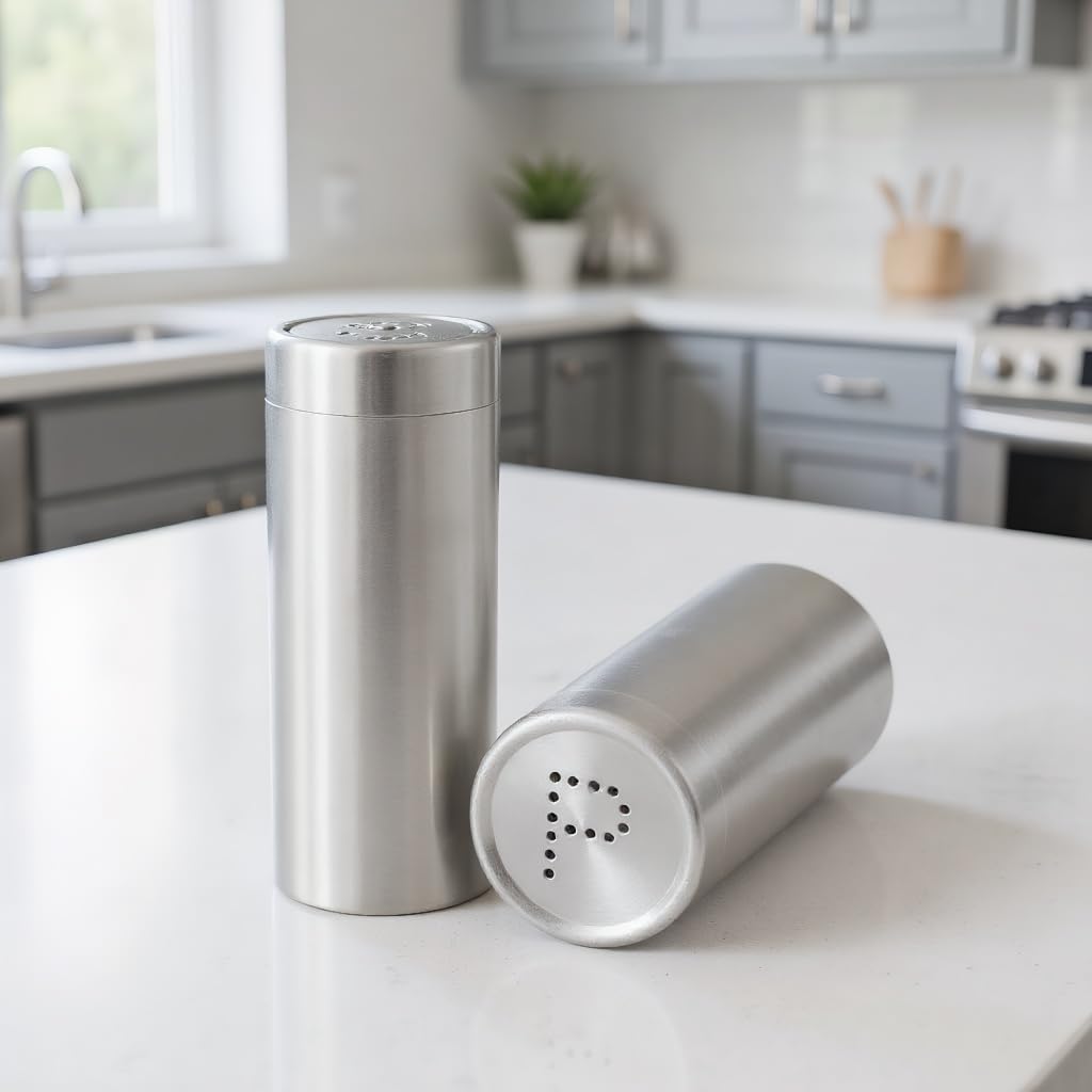 2-Pack Salt Pepper Shakers (Silver), Stainless Steel Spice Containers Seasoning Shaker Bottle with Shaker Lids, Sugar Salt Spice Pepper Seasoning Bottle Dispenser Spice Jars