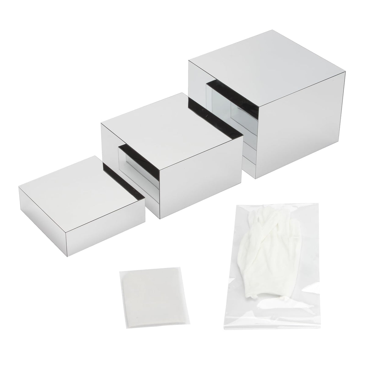 DIICCYO Glossy Silver Acrylic Boxes Dessert Collection Jewelry Perfume Display Stand Shelf, Hollow Bottom Cube Organizer Countertop Nesting Risers for Hangbag Shoe Home Boutique Retail Store, 3Pcs